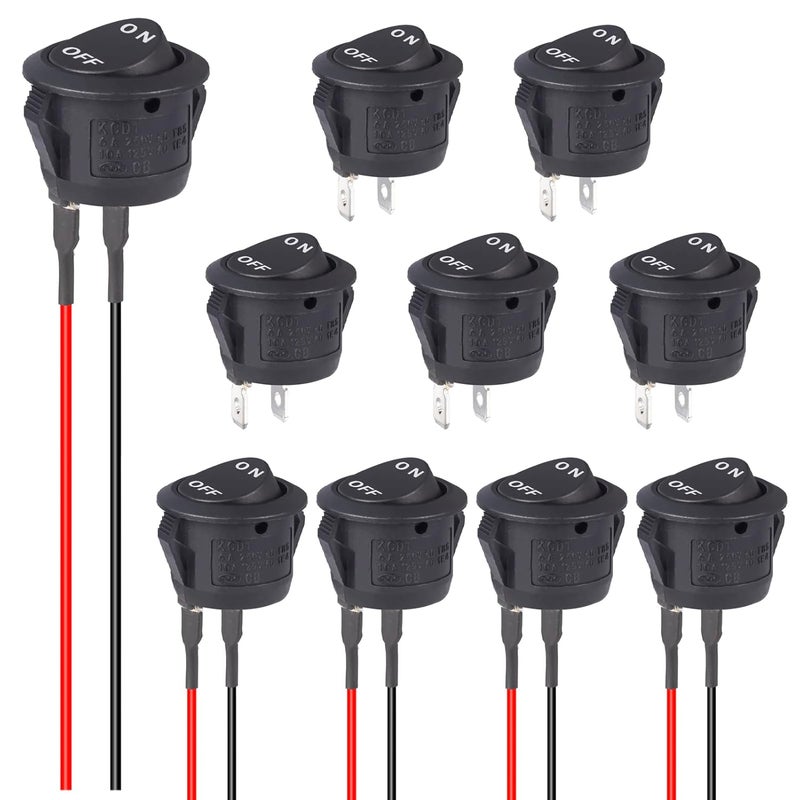 VEXUNGA ON Off Round Rocker Switch 12V Switches Small Mini Toggle Switch 12Volt 2Pin AC 6A 250V 10A 125V 12VDC KCD1 Black for Car Automotive Boat (5Pcs with Leads 5Pcs Without Wires) - Image 1
